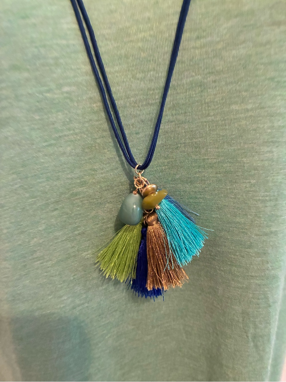 J. Jill Boho Multi-Tassel and Stone Pendant Necklace in Teal and Blue, J. Jill
